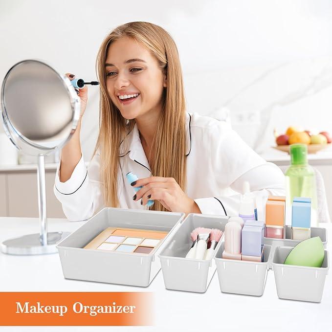 25 PCS Plastic Drawer Organizer Set, 4-Size Versatile Organizer Trays & storage Bins for Makeup, Jewelry, and Gadgets in Bathroom, Bedroom and Office, White