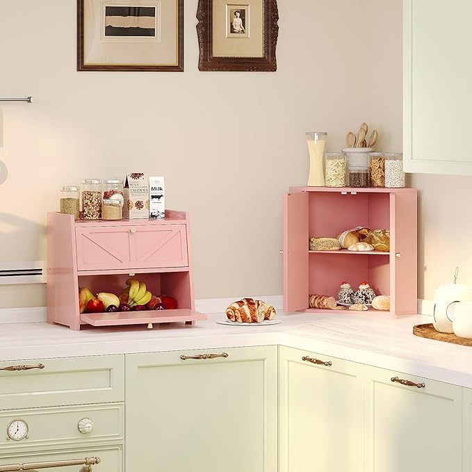 Corner Bread Box for Kitchen Counter Double Layer Bamboo Bread Storage Container Large Capacity Bread Storage Bin Farmhouse Breadbox Organizer (Pink)
