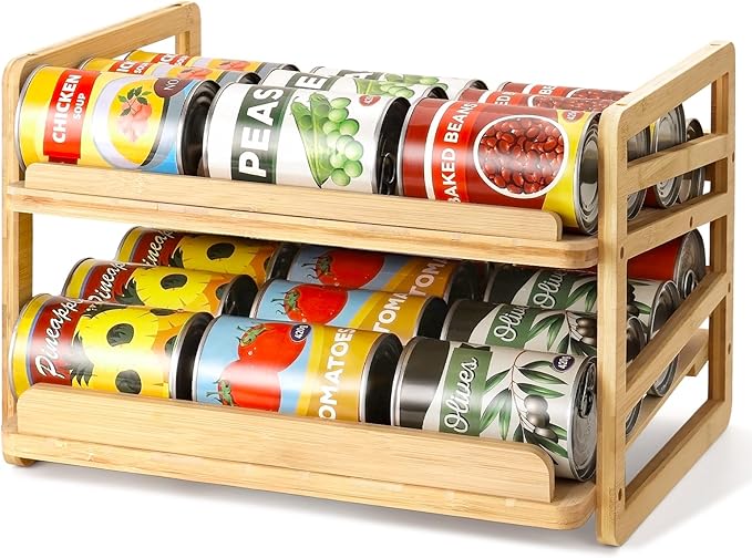Rolling Bamboo Can Organizer Rack, Stackable Double-Layer Can Organizers and Storage For Pantry, Canned Goods Holder Dispenser For Countertop Kitchen Cabinet or Pantry Shelf
