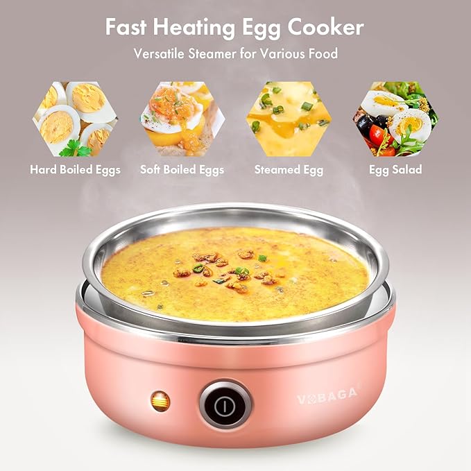 VOBAGA Electric Egg Cooker, Rapid Egg Boiler with Auto Shut Off for Soft, Medium, Hard Boiled, Poached, Steamed Eggs, Vegetables and Dumplings, Stainless Steel Tray with 7-Egg Capacity, Pink