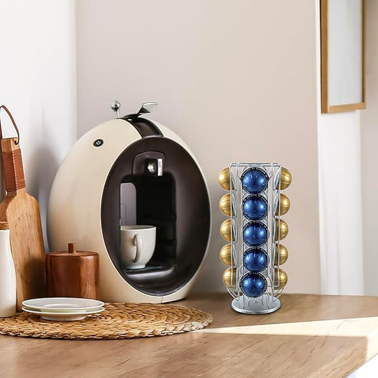 MyGift Silver Chrome-Plated Metal Coffee Pod Capsule Holder Stand Rotating Carousel, Compatible with Vertuoline Pod, Coffee Bar Organizer Rack - Holds 20 Capsules