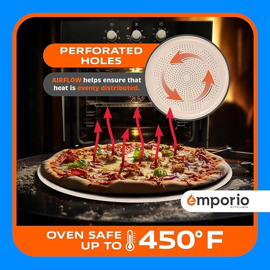 Non-Stick Pizza Pan 2 Pack – 16 Inch Round Carbon Steel Pizza Tray with Perforated Holes, PFOAPFOSPTFE-Free, Dishwasher & Oven Safe Up To 450°F, Durable Nonstick White Marble Coating