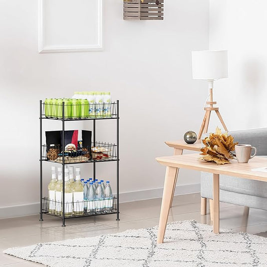 Water Bottle Organizer 3 Tier Water Bottle Holder Storage Rack Metal Drink Beverage Soda Can Organizer Shelf Stand for Floor Pantry Kitchen Classroom Food Storage, Black