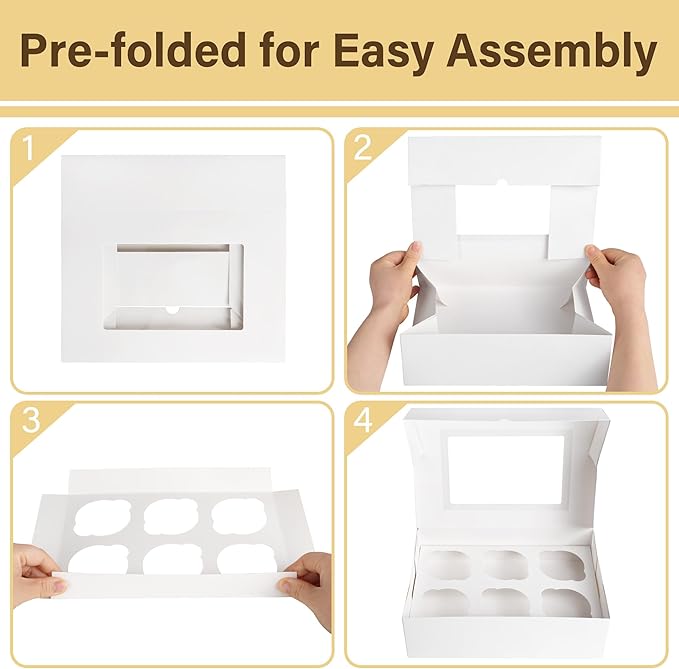 LotFancy 12 Pack Cupcake Boxes 6 Count, Pre-folded Cupcake Carrier with Window Holding 72 Standard Cupcakes, Food Grade Disposable Pastry Boxes