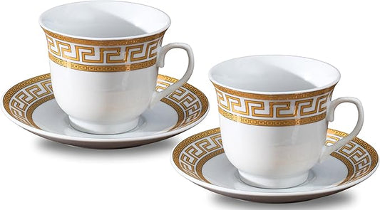 Porcelain Tea Cup and Saucer Set - 4 Piece Vintage Tea Set - White with Gold Greek Key Design - 5.5 Inch Saucers, 6.5 oz Cups - For TeaParties, Cappuccino, Home Decor (Meander Gold 3004, 4 Piece)
