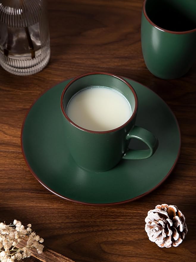 famiware Venus Coffee Mugs for 6, 14 oz Mug Set, Dringking Cup with Handle for Coffee, Tea, Cocoa, Milk, Dark Green