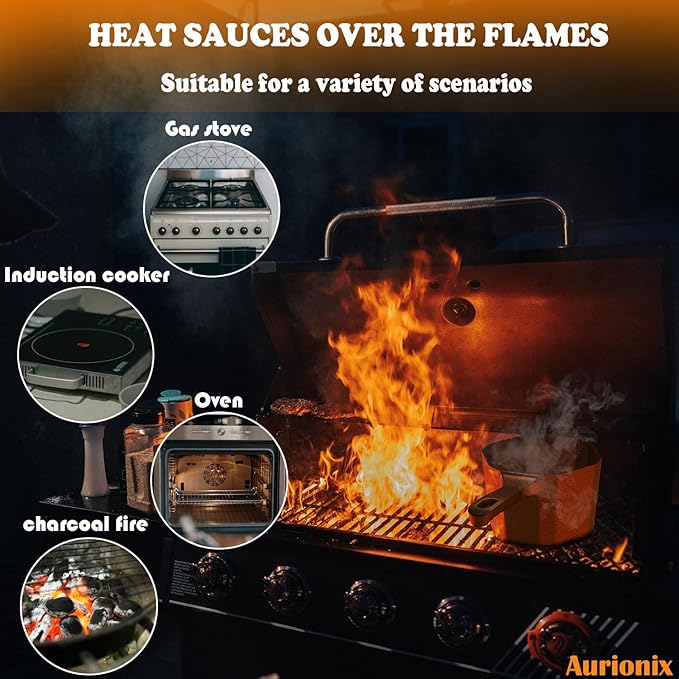 Cast Iron Sauce Pot with Lid,Premium Small Cast Iron Pan for Butter Melting, Basting and Grilling,Heavy Duty Butter Warmer, Camping Cookware,Includes Heat Resistant Gloves and Spice Brush