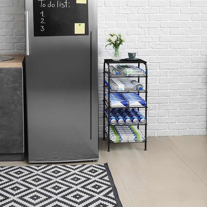 Vrisa 5 Tier Water Bottle Storage Rack Vertical Freestanding Bottled Water Organizer Large Capacity Beverage Drink Soda Can Holder Stand for Kitchen Pantry Home Party Food Storage, Black