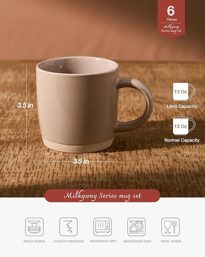 famiware Coffee Mugs for 6, 13 oz Mug Set, Dringking Cup with Handle for Coffee, Tea, Cocoa, Milk, Milkyway serise, Cinnamon Brown