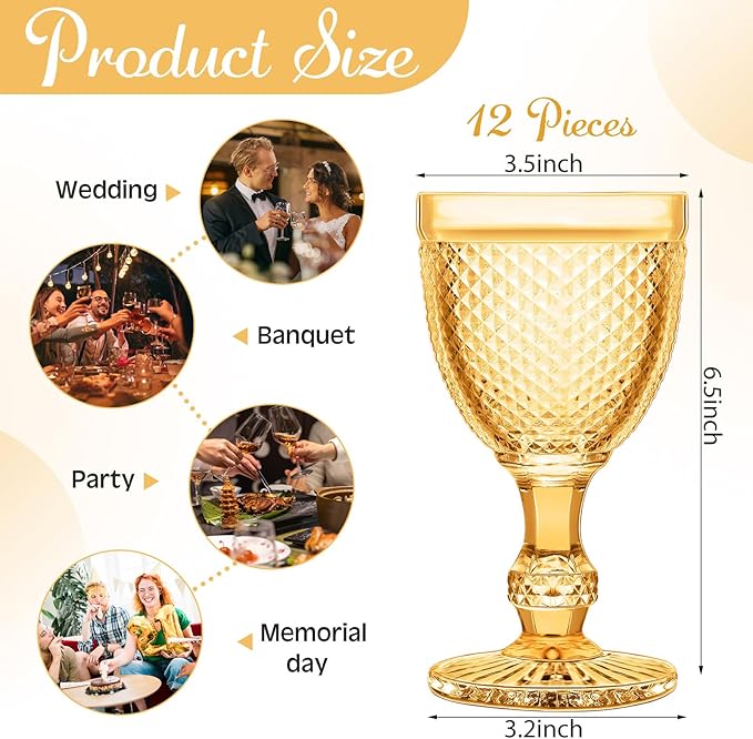 Bokon 12 Pack Amber Glass Goblets Set 10 oz High Clear Wine Glass Vintage Water Goblets Cups Embossed Diamond Design Glassware with Stem for Drinking Juice Liquor Party Wedding Bar