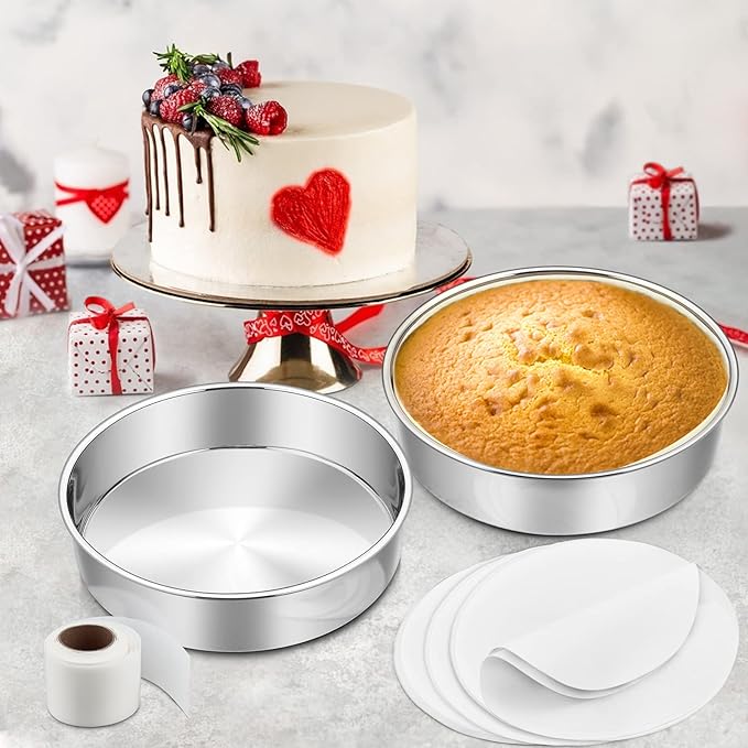 6 Inch Cake Pan Set of 2, E-Far Stainless Steel Round Layer Smash Cake Baking Pans with Parchment Rounds & Side Liner Roll, Non-Toxic & Healthy Metal Cakes Tin, Straight Side & Dishwasher Safe