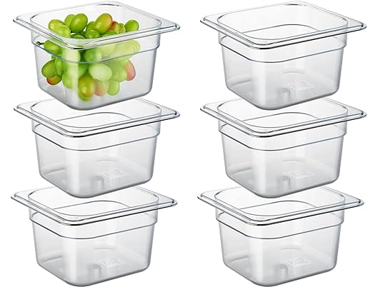CURTA 6-Pack 1/6 Size 4" Deep NSF Polycarbonate Food Pans | Dishwasher & Freezer Safe Clear Container for Prep Tables, Buffet, Salad Bar, Commercial & Home Kitchen
