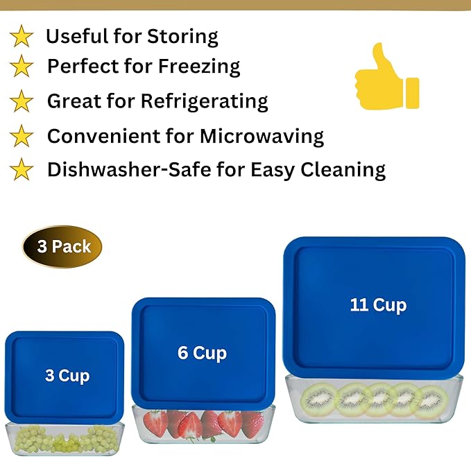 3, 6 & 9 Cup Blue Replacement Lids/Covers for Pyrex, Anchor Hocking & KlareWare Storage Bowls *Lids Only Glass Container Not Included* (3 Pack *One of Each Size*)