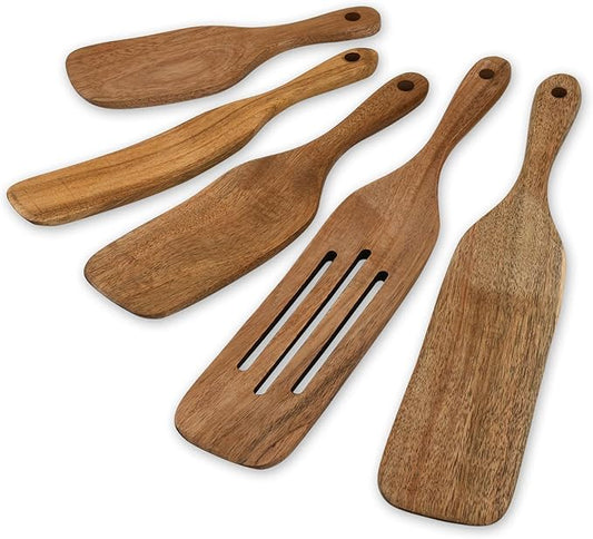 Wooden Spurtle Kit 5 Pieces Teak Wood Spoons Kitchen Tools for Nonstick Cookware, Salad Strainer and Making Cake