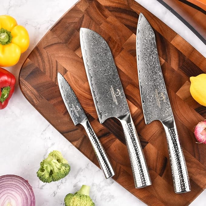 3 Pieces Damascus Kitchen Knife Set with 8” Chef Knife, 7” Santoku Knife, 3.5” Paring Knife, 67 Layer Handmade Damascus VG10 Steel Core, Hammered Ergonomic Handle (Gift Box)