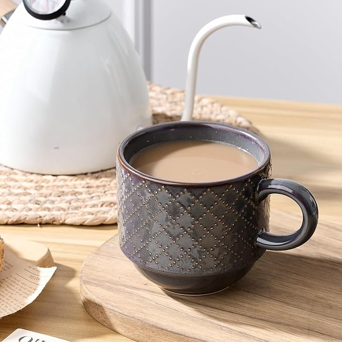 JIEMEI HOME Large Ceramic Coffee Mug Set of 4 with Stand, 15 Oz Stackable Embossment Ribbed Latte Cup Set for Cappuccino, Latte, Tea, Hot Cocoa, Drinks - Dishwasher & Microwave Safe, Dark Purple