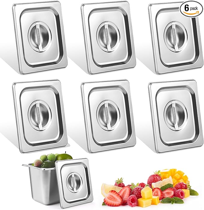 6 Pcs Notched Hotel Pan Cover Stainless Steel 1/6 Size Food Pan Lids with Handle Steam Pan Covers for Restaurant Hotel Commercial Food Storage Containers Covers