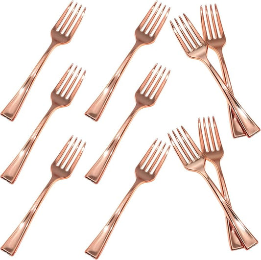 24PCS 9.8cm Disposable Rose Gold Mini Fork Mini Plastic Tasting Forks Disposable Mini Fork Fruit Dessert Pudding Fork for Appetizer Desserts Cocktail Cake Fruit Wedding Party