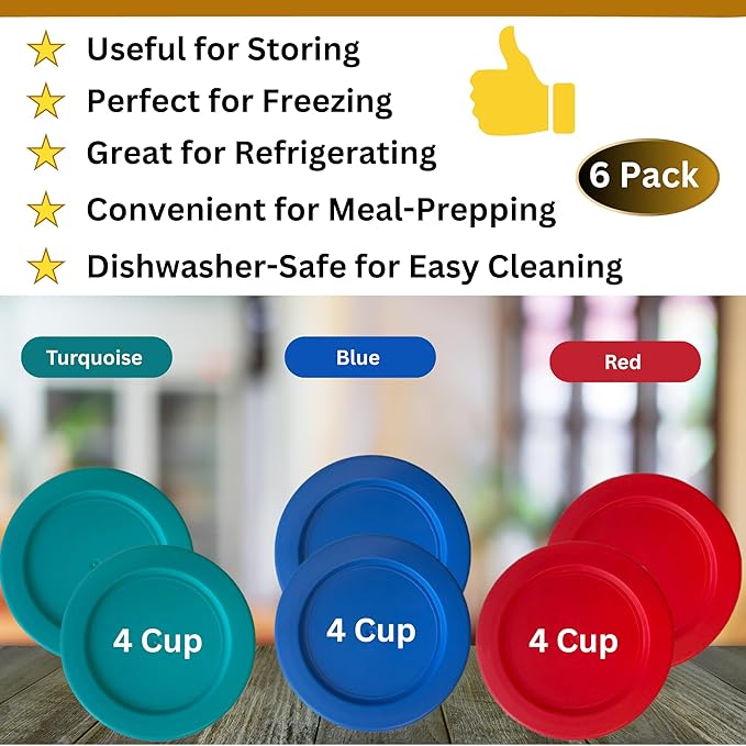 4 Cup/950 mL Turquoise, Blue, Red Replacement Lids/Covers for Pyrex 7201-PC, 32oz Anchor Hocking & Klare Ware Storage Bowls *Lids Only* - *Glass Container Not Included* (6 Pack, Turquoise/Blue/Red)
