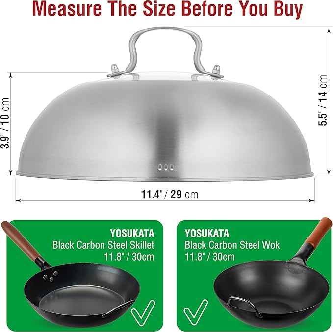 YOSUKATA Wok Lid 11.4 In - Premium Stainless Wok Cover with Tempered Glass Insert Steam Holes and Ergonomic Handle - Durable Wok Accessories - Dishwasher-Safe Lid for 11.8-In Wok - Chees Melting Dome