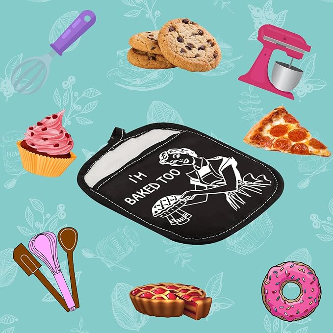 Novelty Baking Gift Heat Resistant Potholder Oven Pad with Pocket I’m Baked Too Funny Baker Gift for Mom Sister Friend (I'm Baked Too Black)