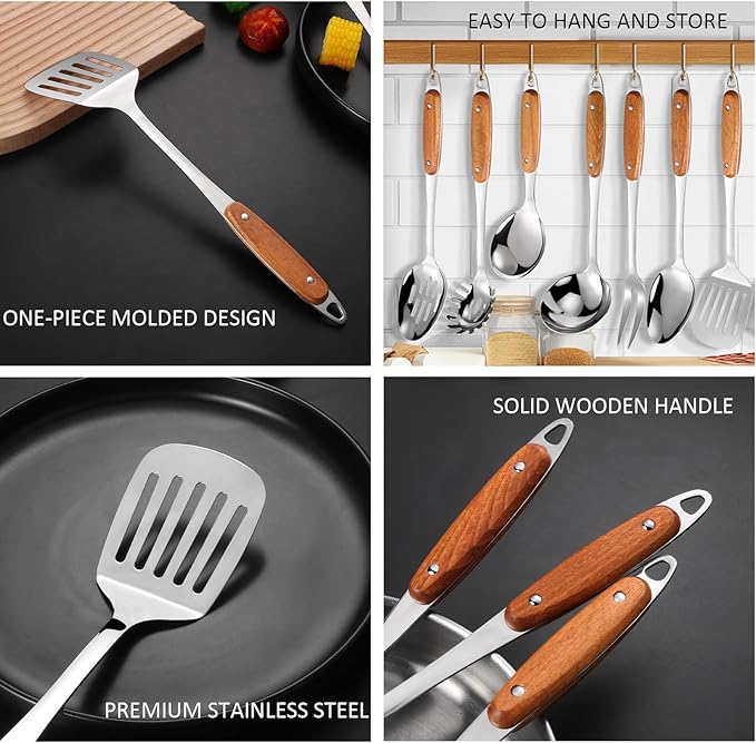 304 Stainless Steel Cooking Utensils Set,9PCS Metal Kitchen Utensils Set with Wooden Handle,Solid Spoon,Spatula,Ladle,Skimmer Spoon,Spaghetti Spoon,Dishwasher Safe