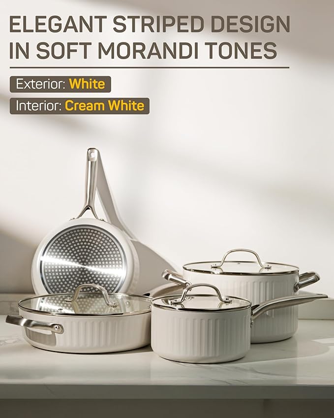 10Pcs Nonstick Cookware Set, Ciwete Tri-Ply Ceramics Cookware Set, Kitchen Pots and Pans with Stay Cool Ergonomic Handle, Dishwasher Safe, Oven Safe, Gift, Compatible with All Stovetop, White