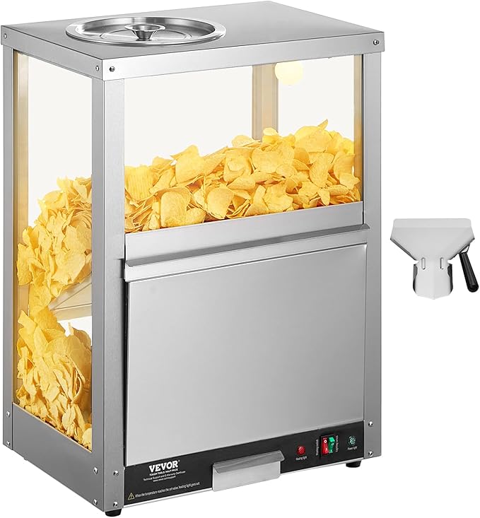 VEVOR Nacho Chip Warmer, 84.5QT Stainless Steel Machine with Warming Light, Deflection Board, for Popcorn, Potato Chips, Peanuts