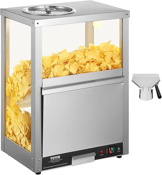 VEVOR Nacho Chip Warmer, 84.5QT Stainless Steel Machine with Warming Light, Deflection Board, for Popcorn, Potato Chips, Peanuts