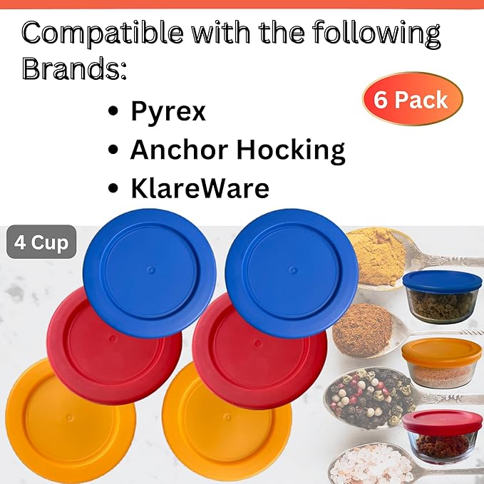 4 Cup/950 mL Orange, Red, Blue Replacement Lids/Covers for Pyrex 7201-PC, 4 Cup/32oz Anchor Hocking & Klare Ware Storage Bowls *Lids Only* - *Glass Container Not Included* (6 Pack, Orange, Red, Blue)