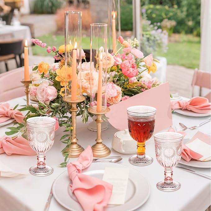 Pink 24 Pack Vintage Wine Glasses, Plastic Reusable 12 Ounce Colored Water Goblets, Unique Flower Embossed Pattern Unbreakable Stemmed Wine Glasses High Clear Wedding Party Bar Drinking Cups