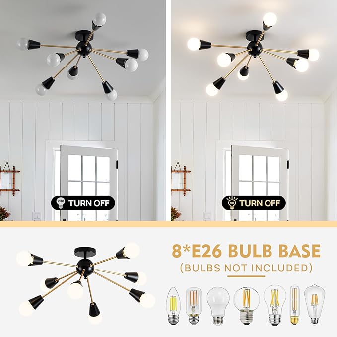 Modern Sputnik Chandelier - 8-Lights Farmhouse Ceiling Lights Fixture Black and Gold Semi Flush Mount Ceiling Light for Living Room Bedroom Hallway Entryway