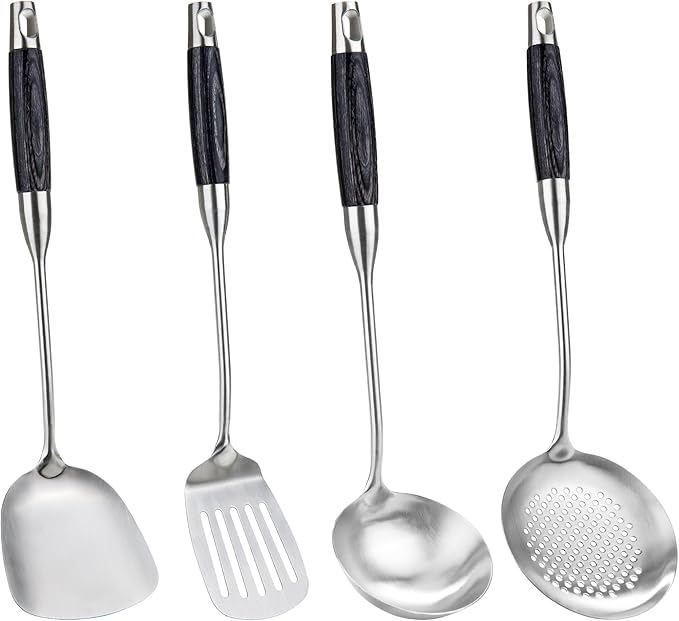 FJNATINH Wok Spatula Set Large Spatula Slotted Turner Soup Ladle Slotted Spoon for Cooking Utensils Set Long Wooden Handle Ladles Kitchen Metal Spatula Cooking Spoons,4PCS