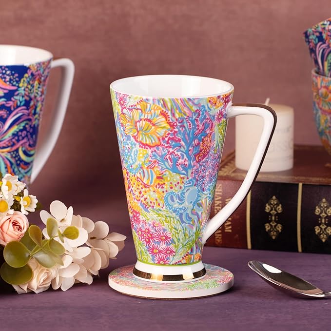 KAMMAK Ceramic Coffee Mugs 17 oz Tall Porcelain Coffee Cups Set of 2 Large Tea Mugs with Handle Vintage Tea Cups Cappuccino Mug for Latte, Espresso, Americano, breakfast cereal, Hot Cocoa, Drinks