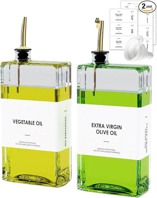 Olive Oil Dispenser For Kitchen, Glass Oil Bottle 17 Oz, Oil And Vinegar Dispenser Set with Pour Spout, 44 Labels, Soy Sauce Dispenser, Coffee Syrup Dispenser, 2 pcs, Gold