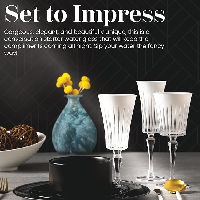 Vikko Water Glasses, Timeless Collection 8 Ounce Elegant Water Glass for Fine Dining, Set of 4 White Goblets with Stem, Dishwasher Safe