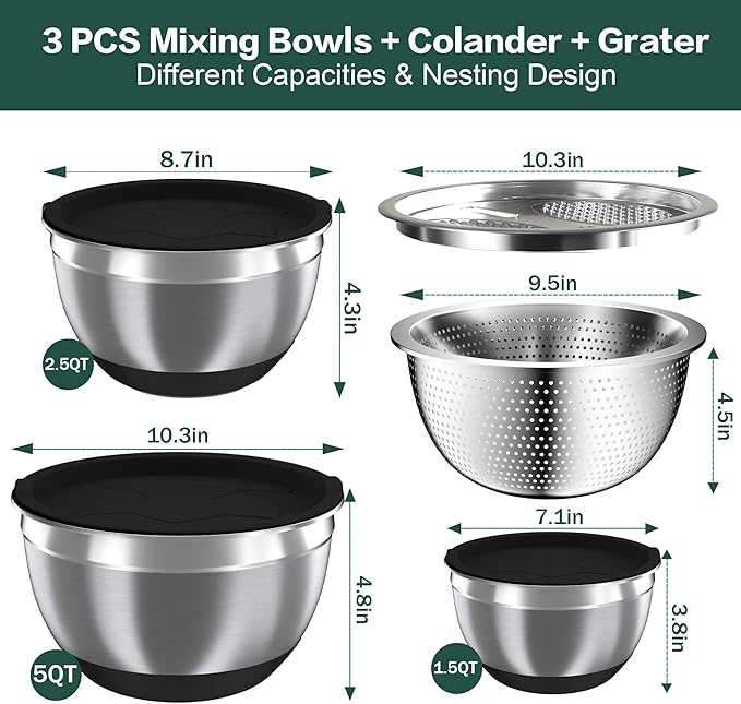 Mixing Bowls with Airtight Lids, Stainless Steel Mixing Bowl Set with 3 Metal Nesting Bowls, Colander & Grater, Non-Slip Bottoms, Size 1.5, 2.5, 5 QT, Great for Mixing & Serving, Black