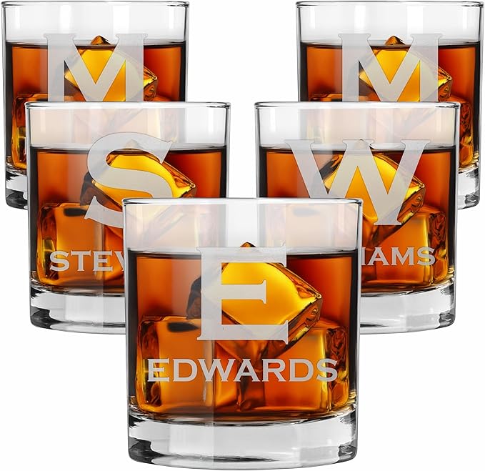 Blue Ridge Mountain Gifts - Custom Engraved Whiskey Glass - 11 oz Personalized Tumbler with Modern Monogram & Last Name - Classic Barware for Weddings, Groomsmen, Anniversaries & Father’s Day (5)