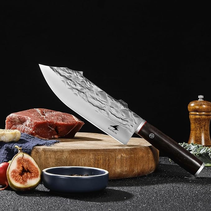 Professional Forged Butcher Knife, Sharp 8-inch High Carbon Stainless Steel Blade for Meat-Cleavers, Ash Wood Handle, with Leather Sheath Great for Home, Camping, BBQ