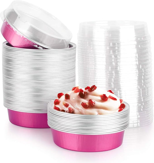 Beasea Mini Pie Tins with Lids, 4 Inch 50 Pack Mini Disposable Tart Pans, 8 Oz Rose Red Aluminum Pie Pan Tin Tart Pans Round Oven Baking Cake Pan for Pie Tart Quiche