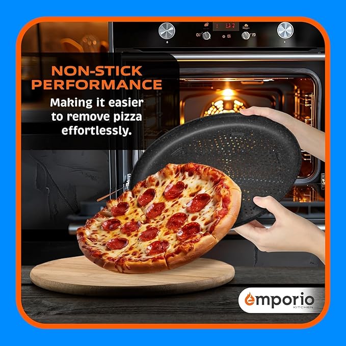 Non-Stick Pizza Pan 2 Pack – 16 Inch Round Carbon Steel Pizza Tray with Perforated Holes, PFOAPFOSPTFE-Free, Dishwasher & Oven Safe Up To 450°F, Durable Nonstick Gray Marble Coating