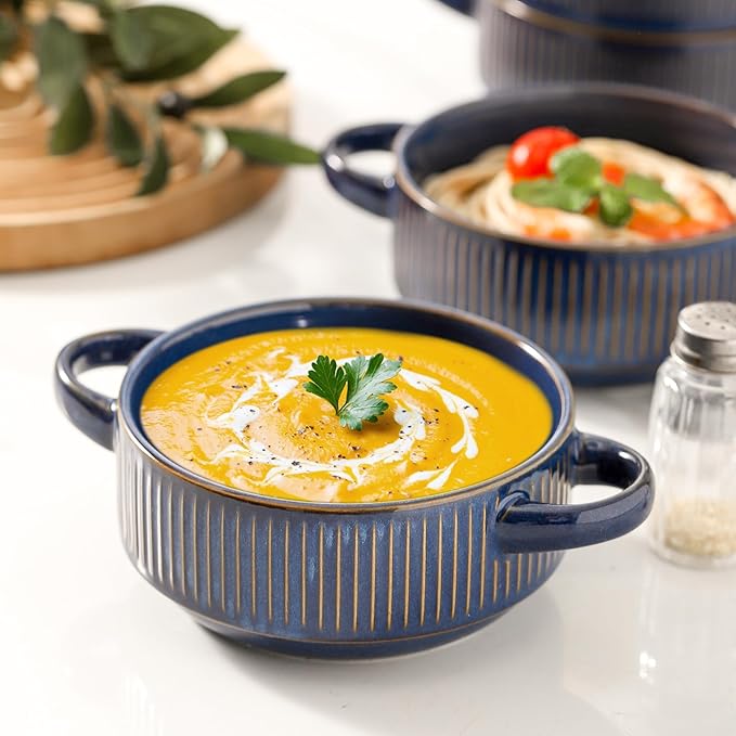 Soup Bowls with Handles, 20 oz French Onion Soup Crocks, Stackable Soup Bowl Oven Safe for Chili, Beef Stew, Embossment Ceramic Bowl Set - 5.4 Inch, Set of 4，Blue