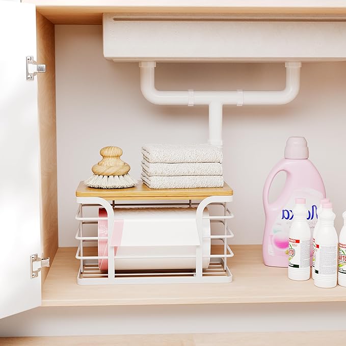 Trash Bag Holder Dispenser with Bamboo Top,Wall Mount Garbage Bag Dispenser,Stackable Storage for Kitchen Laundry Room Organization,White Small