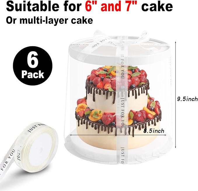 6 Pack Tall Cake Boxes for Tier Cakes,Black 8.5x9.5 Inch Disposable Multi-Layer Tall Baking Carrier, Tierd Bakery Take Out Transport Containers for Wedding, Birthday, Party(Round Black 8.5inch/6pcs)