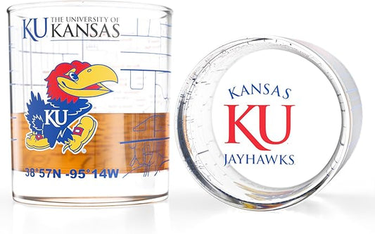 Greenline Goods – University of Kansas Jayhawks College Whiskey Glasses (Set of 2), 10 oz – Full-Color Logo + Campus Map