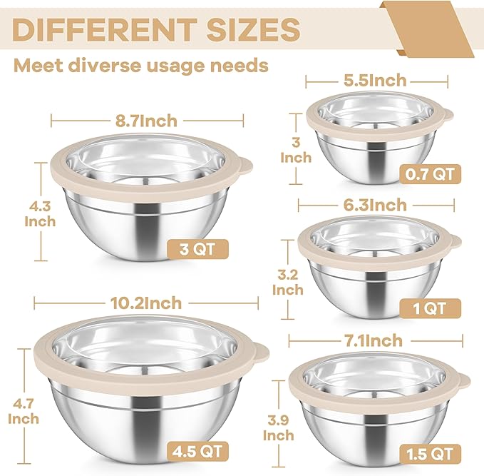 TeamFar Mixing Bowls, 4.5/3/1.5/1/0.7 QT Stainless Steel Nesting Salad Bowls with Visible Lids, For Serving/Mixing/Storing, Non-Toxic & Heavy Duty, Airtight & Easy Clean, Khaki, Set of 5