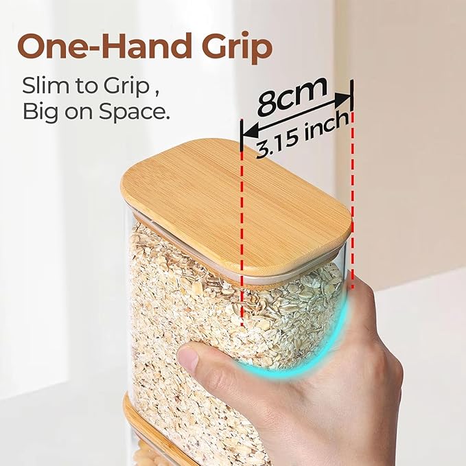 ComSaf 1.8 Qt Rectangle Glass Storage Containers with Lids, Glass Jars with Bamboo Lids, Clear Food Storage Jar, Sugar Coffee Containers, Pantry Storage Container for Pasta Rice Flour Oats Nuts Tea