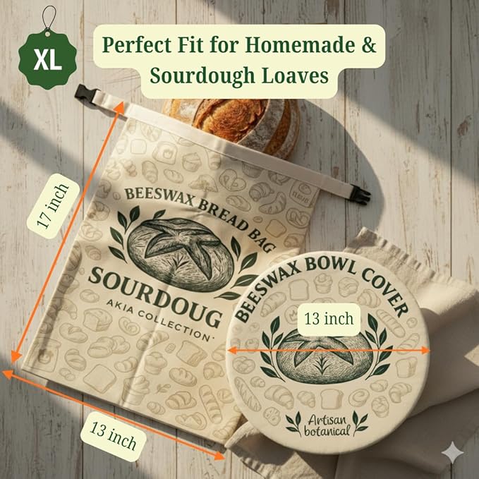 Reusable Beeswax Bread Bags for Sourdough bread | XL - Waxed Bread Bags for Homemade Bread | Eco-Friendly & Reusable Organic Bread Storage bags | Includes Bonus Beeswax Bowl Cover