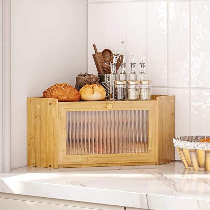 Corner Bamboo Bread Box for Kitchen Counter Large Capacity Rustic Bread Storage Container with Wavy Arcylic Transparent Door Vintage Storage for Homemade Bread (Natural Bamboo)