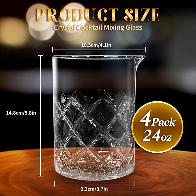4 Pcs 24 oz Cocktail Mixing Glass Crystal Stirring Glass Thick Bottom Seamless Cocktail Pitcher Tools for Bartender Home Bar Whiskey Martini Drink Shaker Accessories